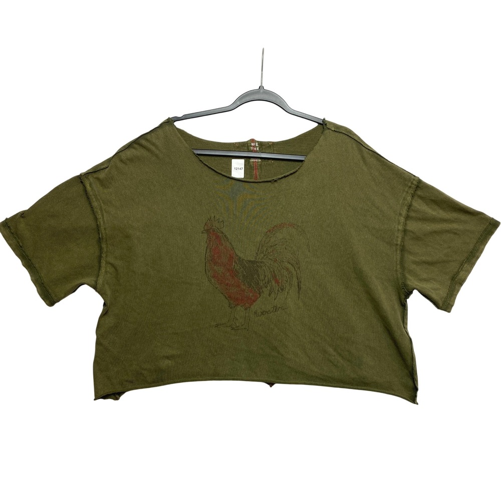 We The Free Top Womens XS Olive Green Rooster Graphic Boxy Raw Hem Tee